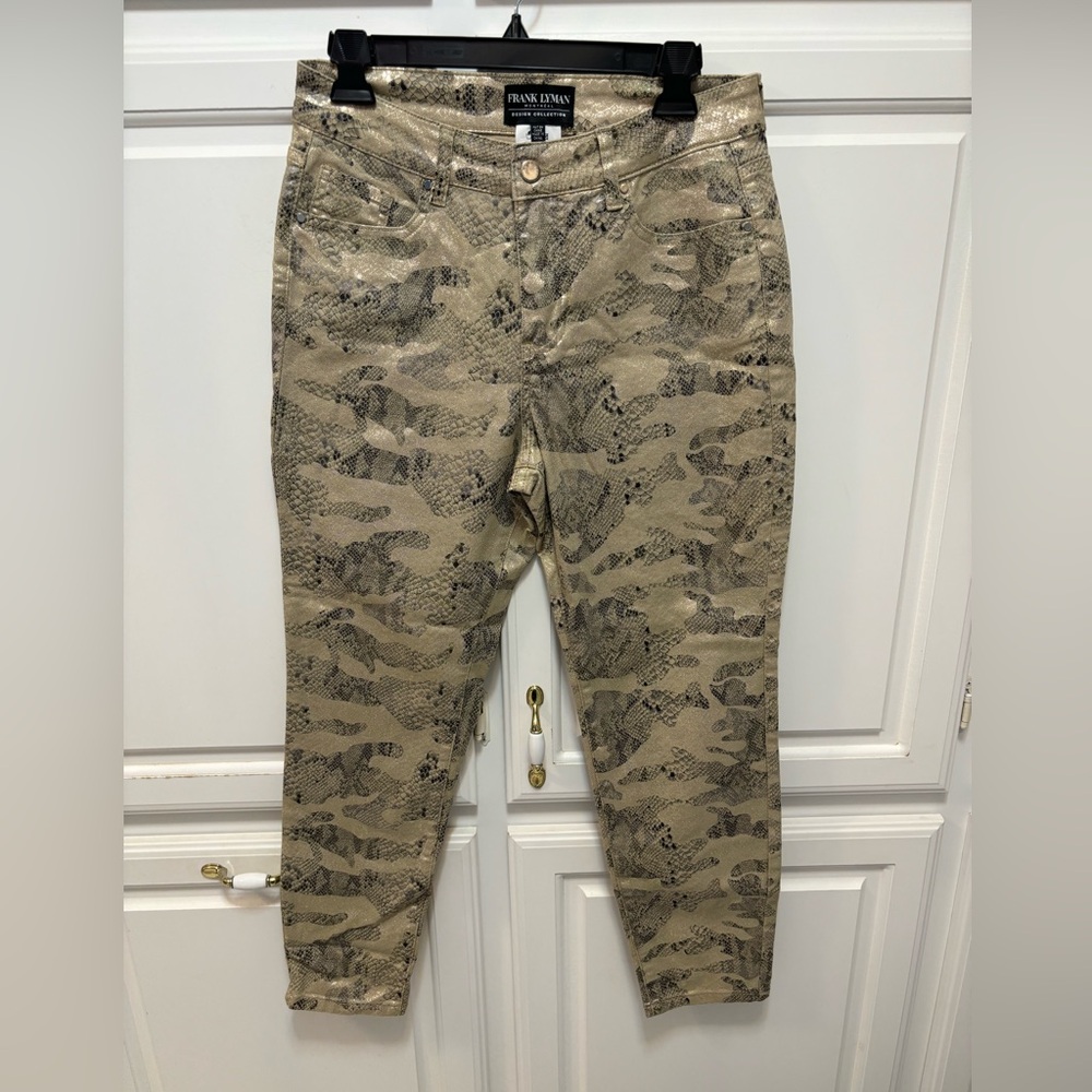 Frank Lyman Gold Shimmer Snakeskin Print Denim Jeans Women’s Size 12